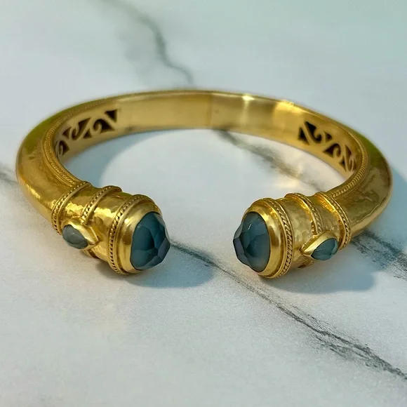 NWOT JULIE VOS 24K Gold Plated Charcoal Blue Bangle Hinge Bracelet - Picture 1 of 6